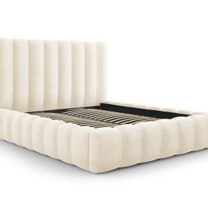 MICADONI Kelp sengeramme, m. sengegavl og lameller - beige fløjl og sort plast (140x200)